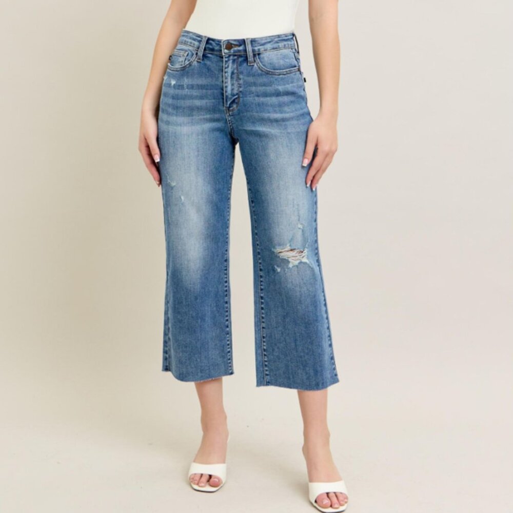 Judy Blue High Waist Back Pocket Embroidery Raw Cut Hem Crop Wide